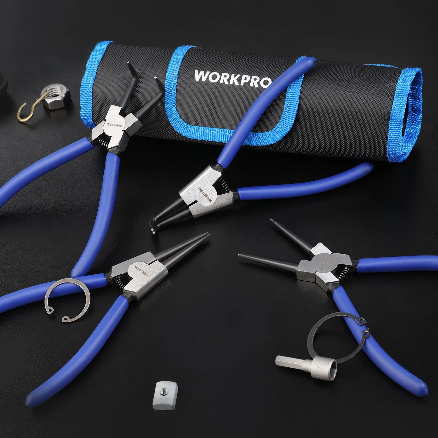 WORKPRO 4-Piece Snap Ring Pliers Set, 7-Inch Internal and External Circlip Pliers Kit with Straight and Bent Jaw, For Ring Remov