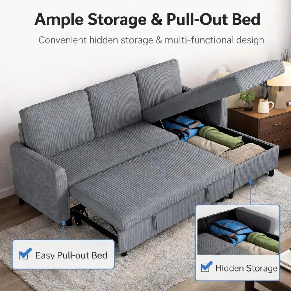 L-Shaped Corduroy Sleeper Sofa With Storage, Convertible