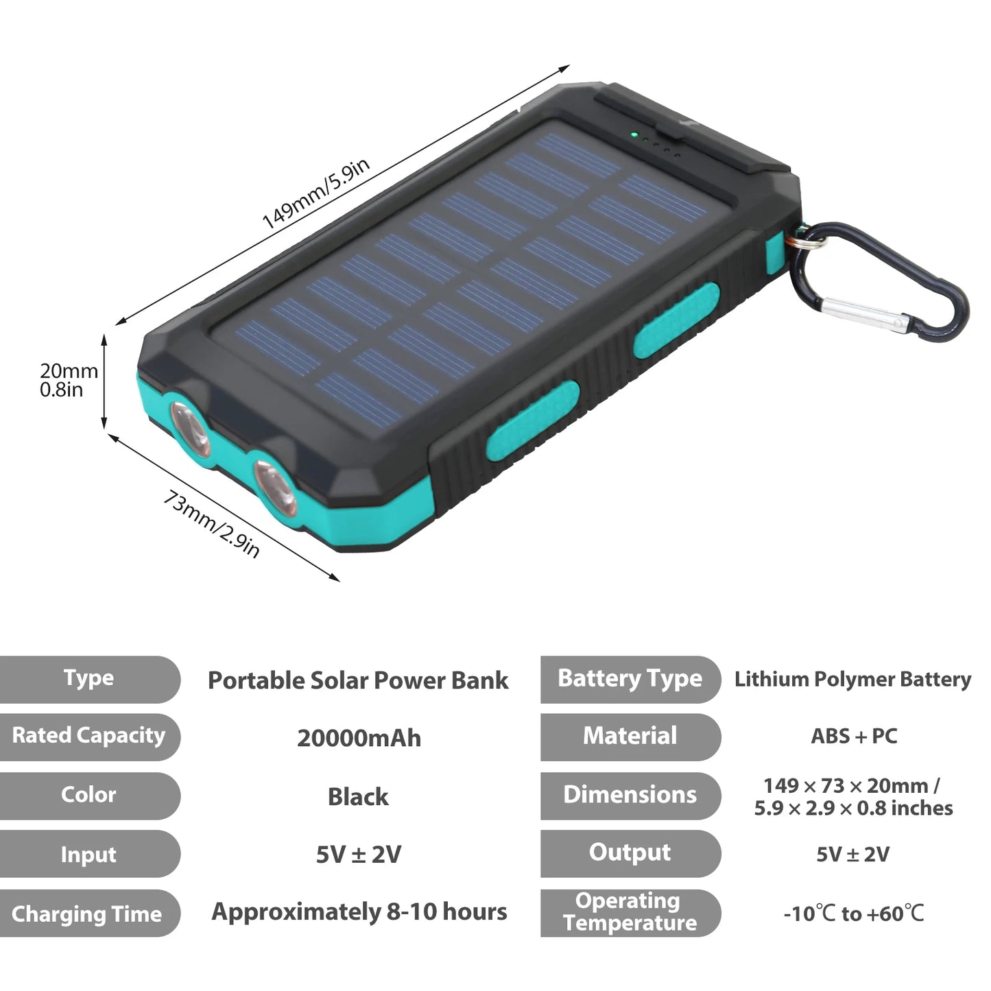 Solar Charger 20000mAh Waterproof Power Bank With LED Flashlight