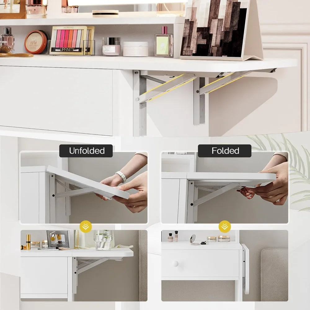 Compact Makeup Vanity Desk With LED Mirror And Charging Station