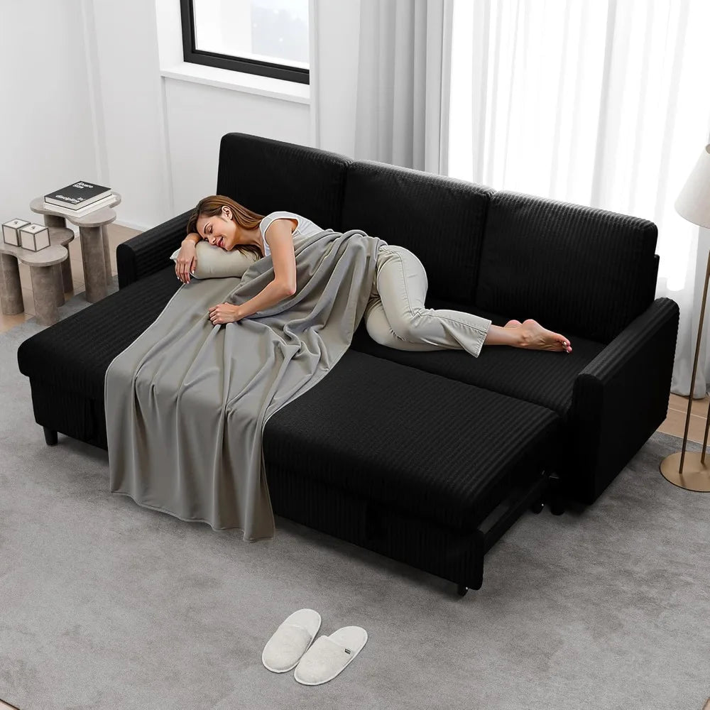 Sleeper Sofa Bed With Hidden Storage Corduroy Reversible L-Shaped Sectional