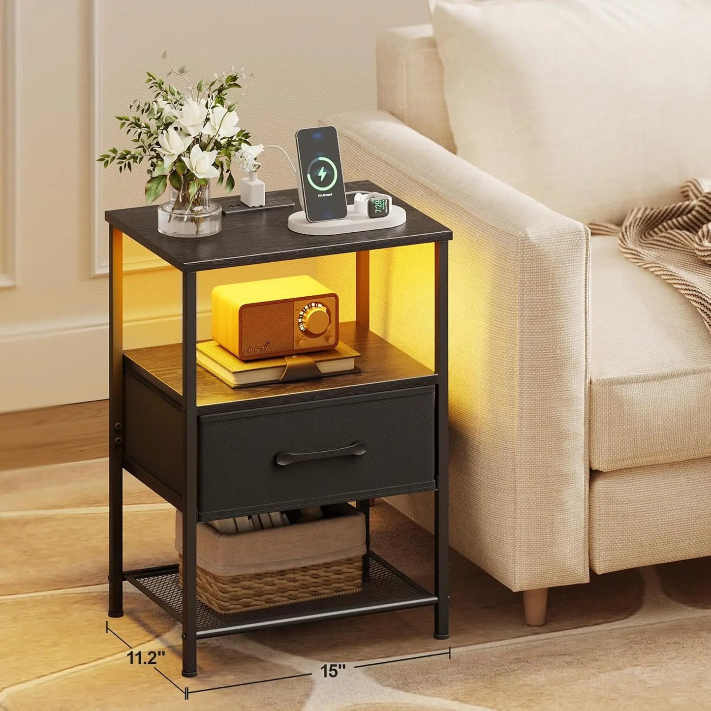 Two-Piece Night Stand Set With Charging Station And LED Lights