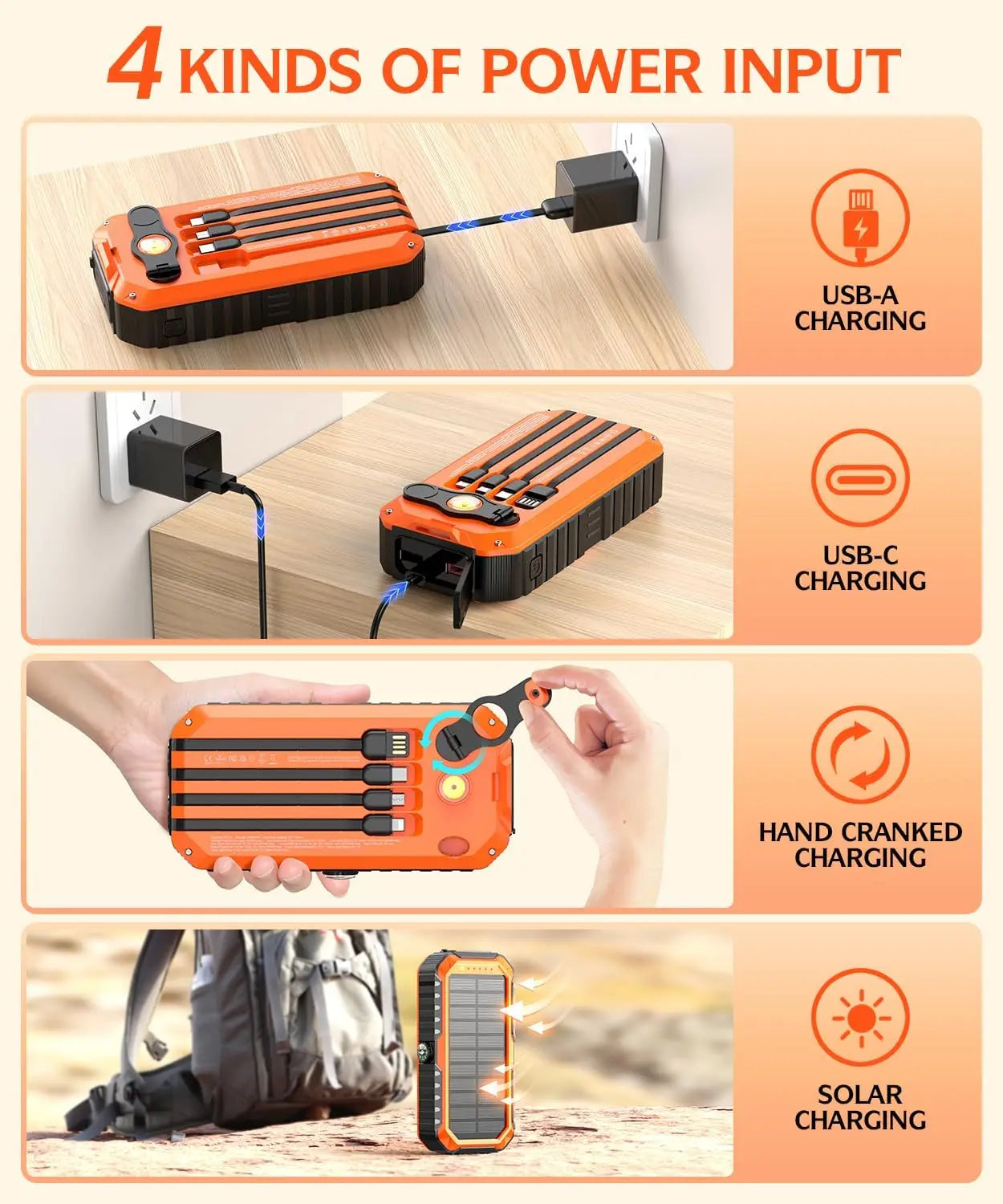 Solar Charger 40000mAh With Built-In Cables and Hand Crank