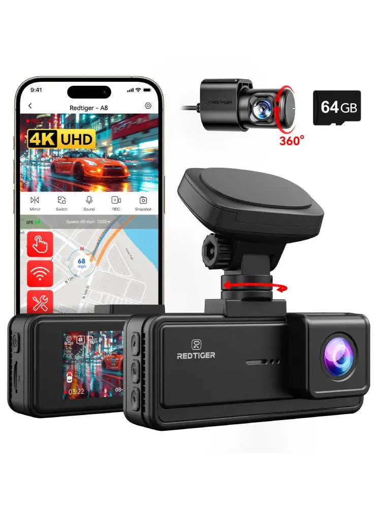 REDTIGER A8 4K Dual Dash Cam Front And Rear Car Cam 3.18" IPS Touch Screen Built-in 5.8Ghz WiFi GPS Car DVR Night Vision