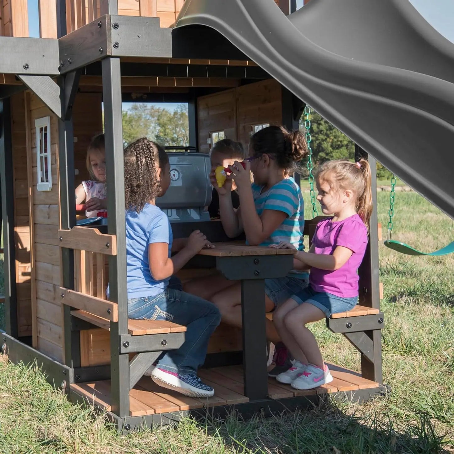 Cedar Wood Outdoor Swing Set With Wave Slide And Play Kitchen