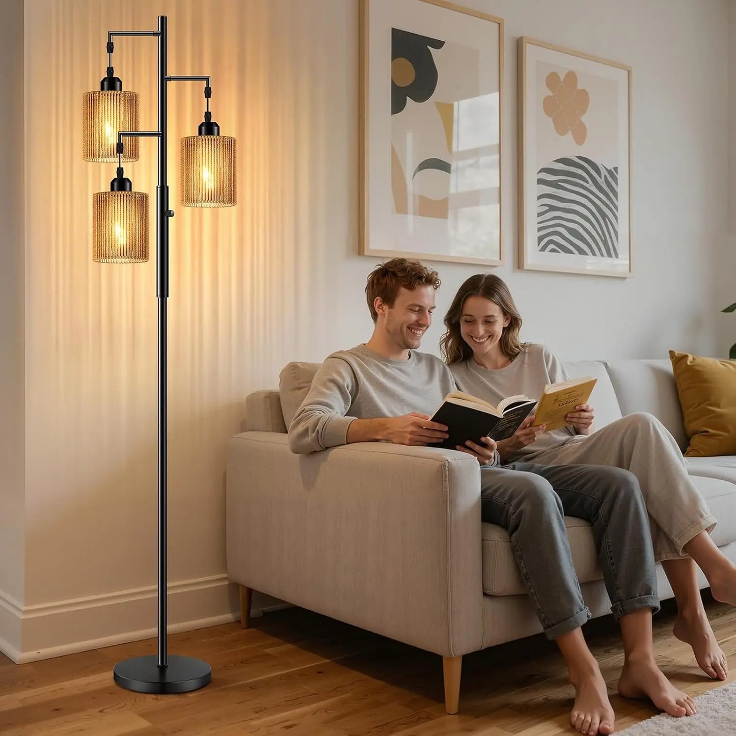 Rattan Boho Floor Lamp With Dimmable Light And LED Bulbs