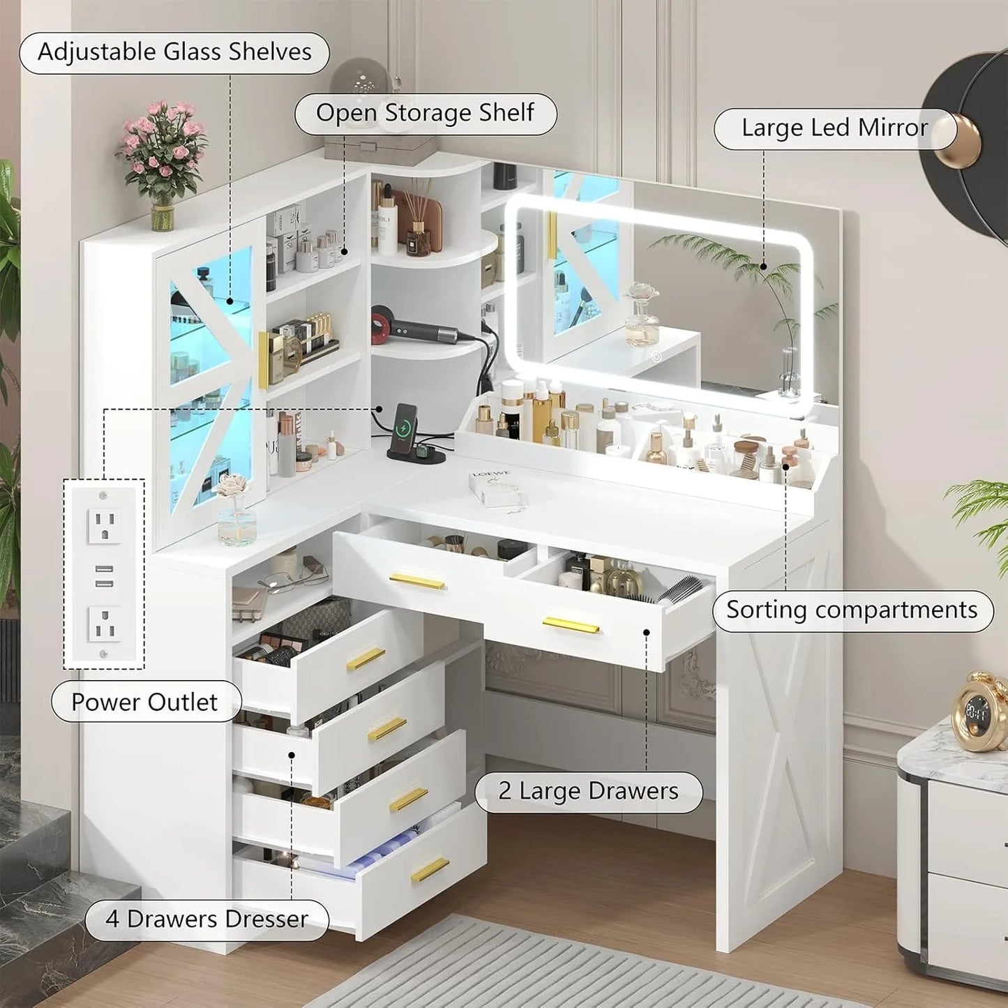 L-Shaped Vanity Desk With LED Lighted Mirror And USB Charging