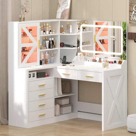 L-Shaped Vanity Desk With LED Lighted Mirror And USB Charging
