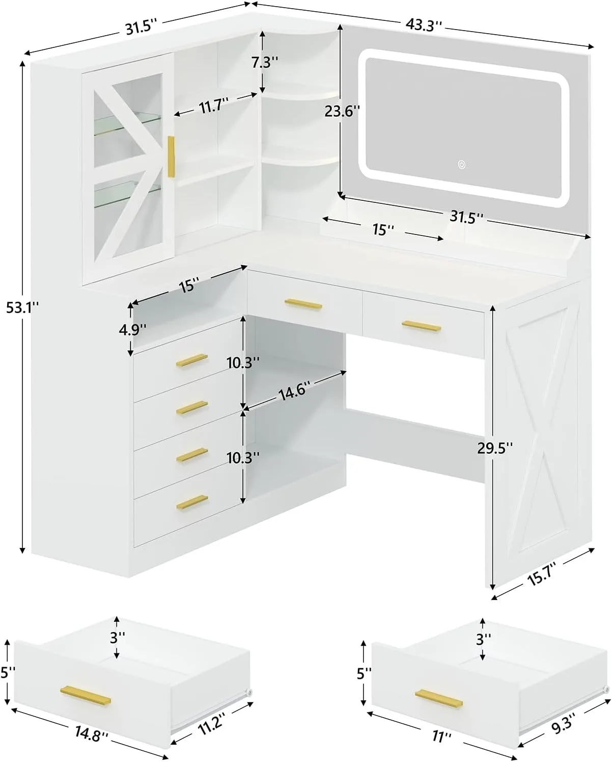L-Shaped Vanity Desk With LED Lighted Mirror And USB Charging