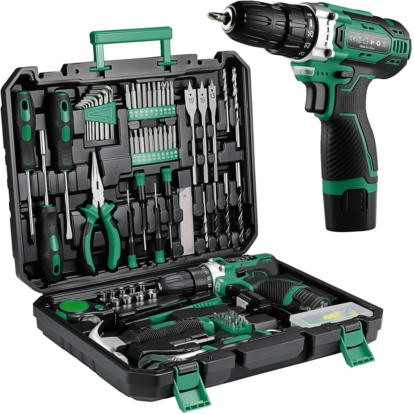 TLGREENDIY 138-Piece Power Tool Set With 12V Cordless Drill