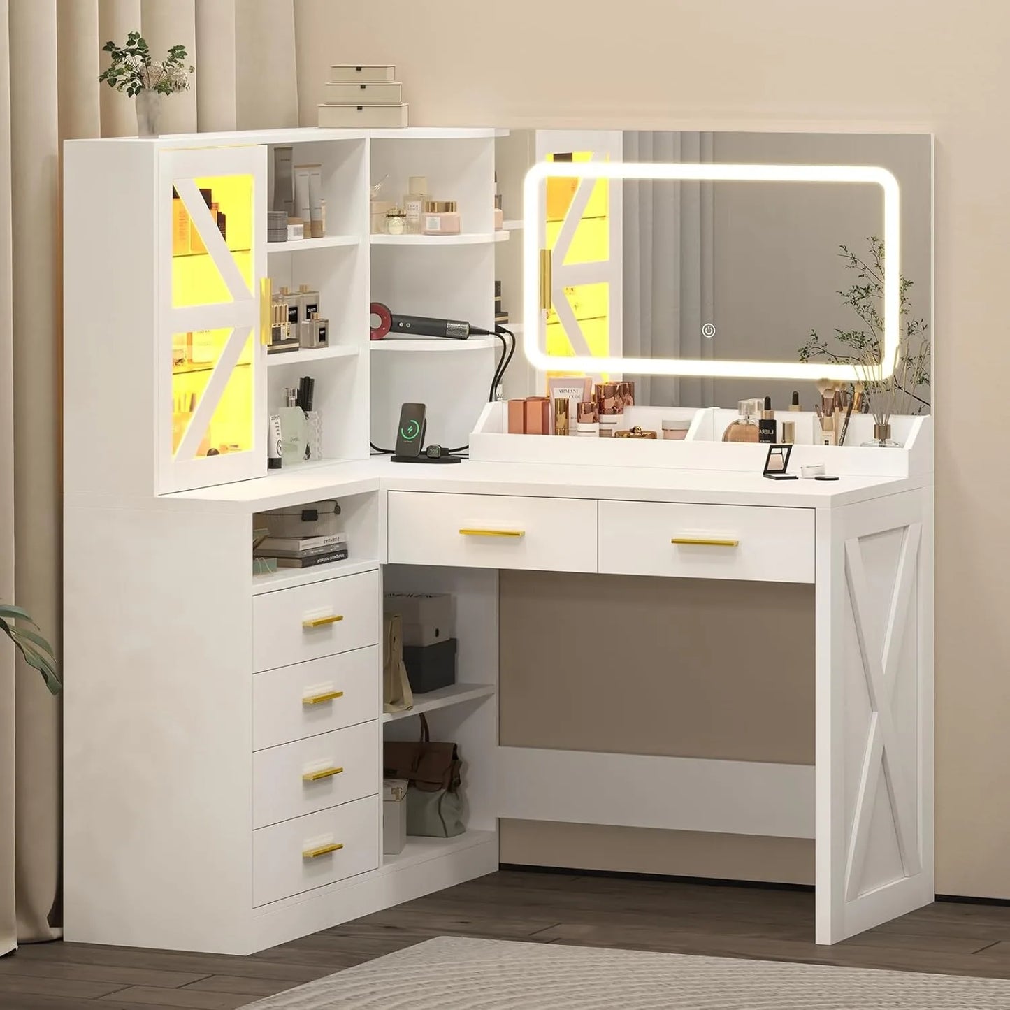 L-Shaped Vanity Desk With LED Lighted Mirror And USB Charging