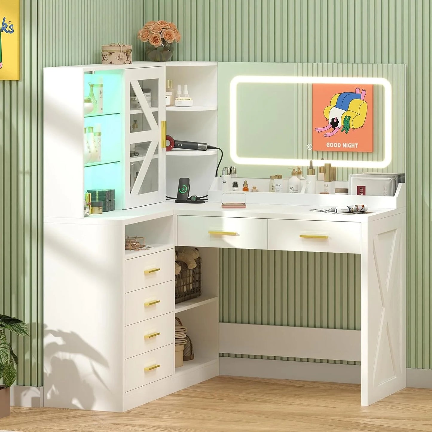 L-Shaped Vanity Desk With LED Lighted Mirror And USB Charging