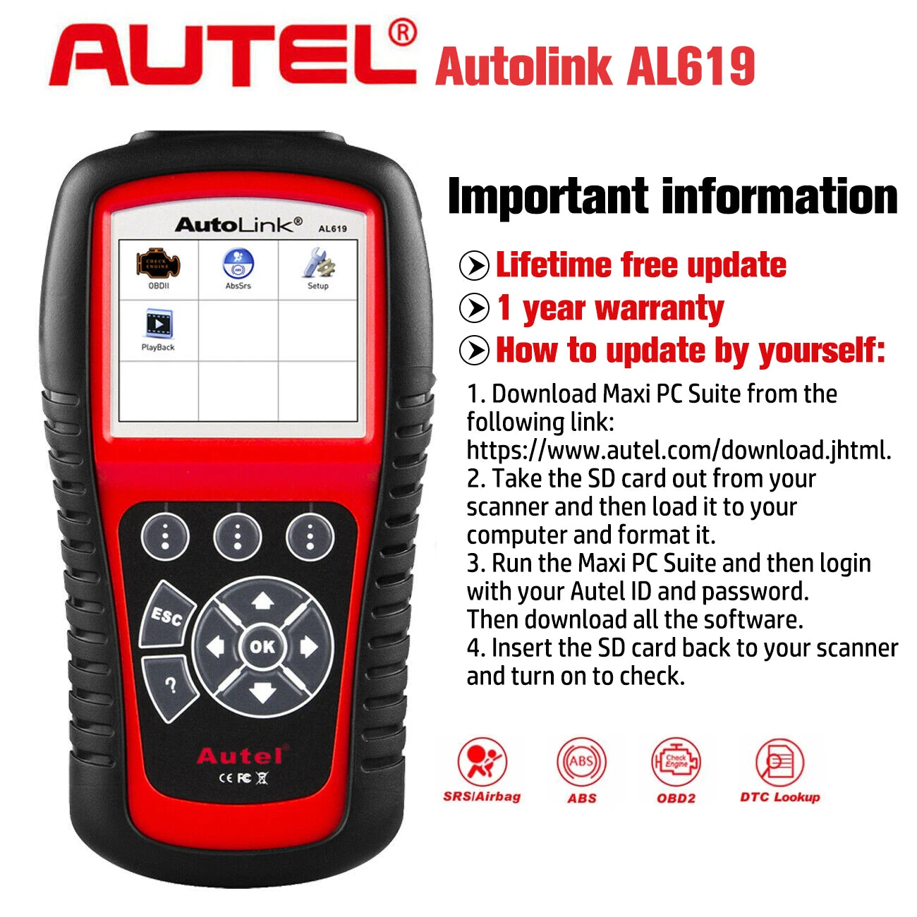 Autel AL619 AL519 OBD2 Scanner Car Diagnostic Tool ABS SRS