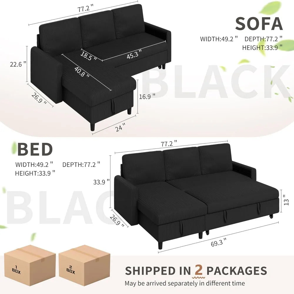 Sleeper Sofa Bed With Hidden Storage Corduroy Reversible L-Shaped Sectional