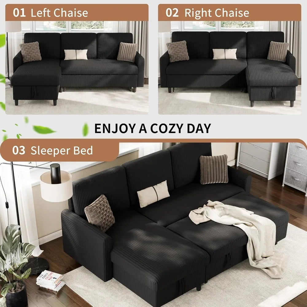 Sleeper Sofa Bed With Hidden Storage Corduroy Reversible L-Shaped Sectional