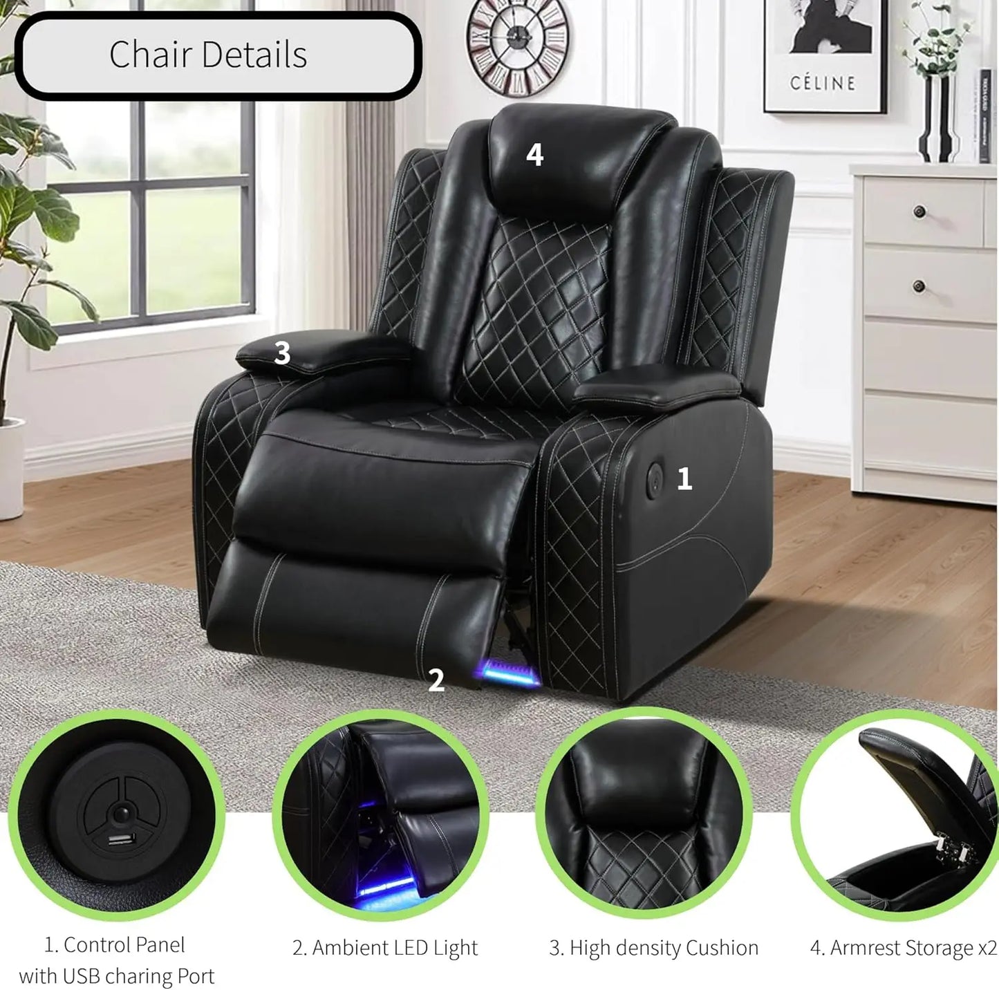 Air Leather Power Recliner Corner Sectional With LED Light