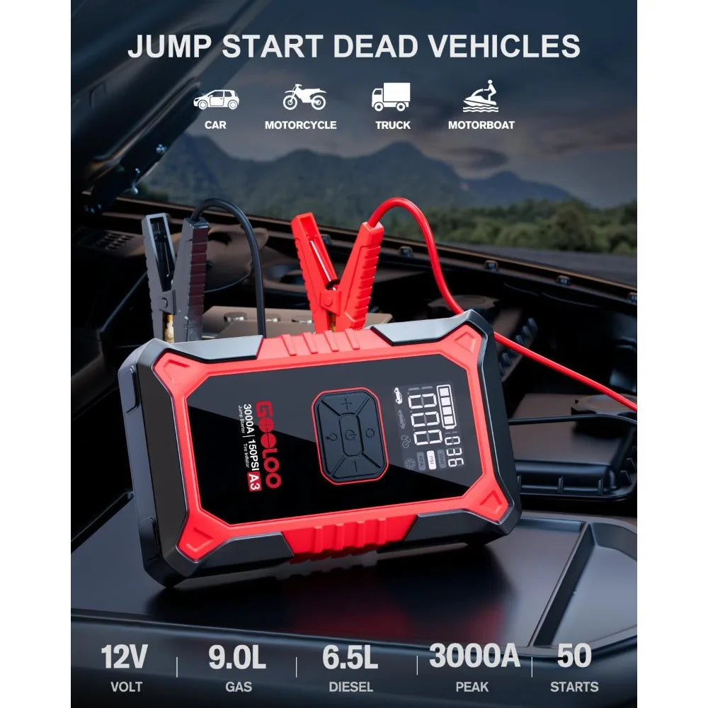 GOOLOO A3 Jump Starter with Air Compressor, 3000A Portable Car Battery Booster (9.0 Gas/6.5L Diesel) with 150PSI Auto-Shutoff Ti