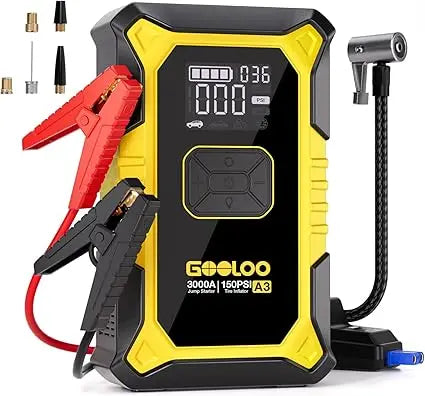 GOOLOO A3 Jump Starter with Air Compressor, 3000A Portable Car Battery Booster (9.0 Gas/6.5L Diesel) with 150PSI Auto-Shutoff Ti