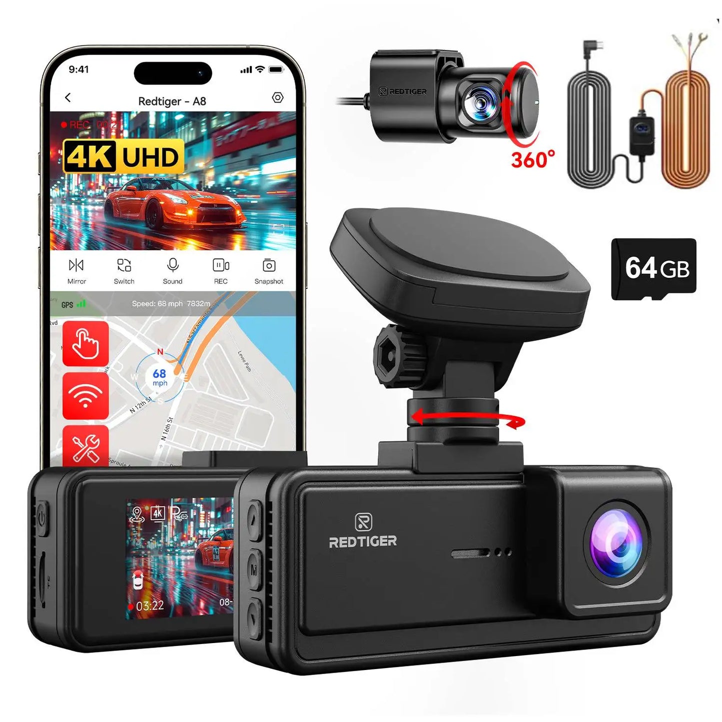 REDTIGER A8 4K Dual Dash Cam Front And Rear  Car Cam 3.18" IPS Touch Screen Built-in 5.8Ghz WiFi GPS Car DVR Night Vision