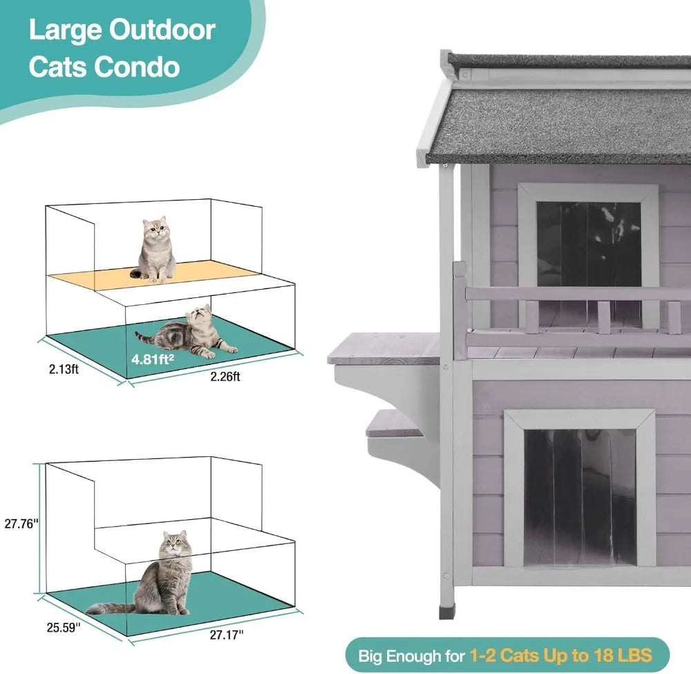 Outdoor Cat House Weatherproof Wooden Two-Story Shelter With Sunbath Balcony