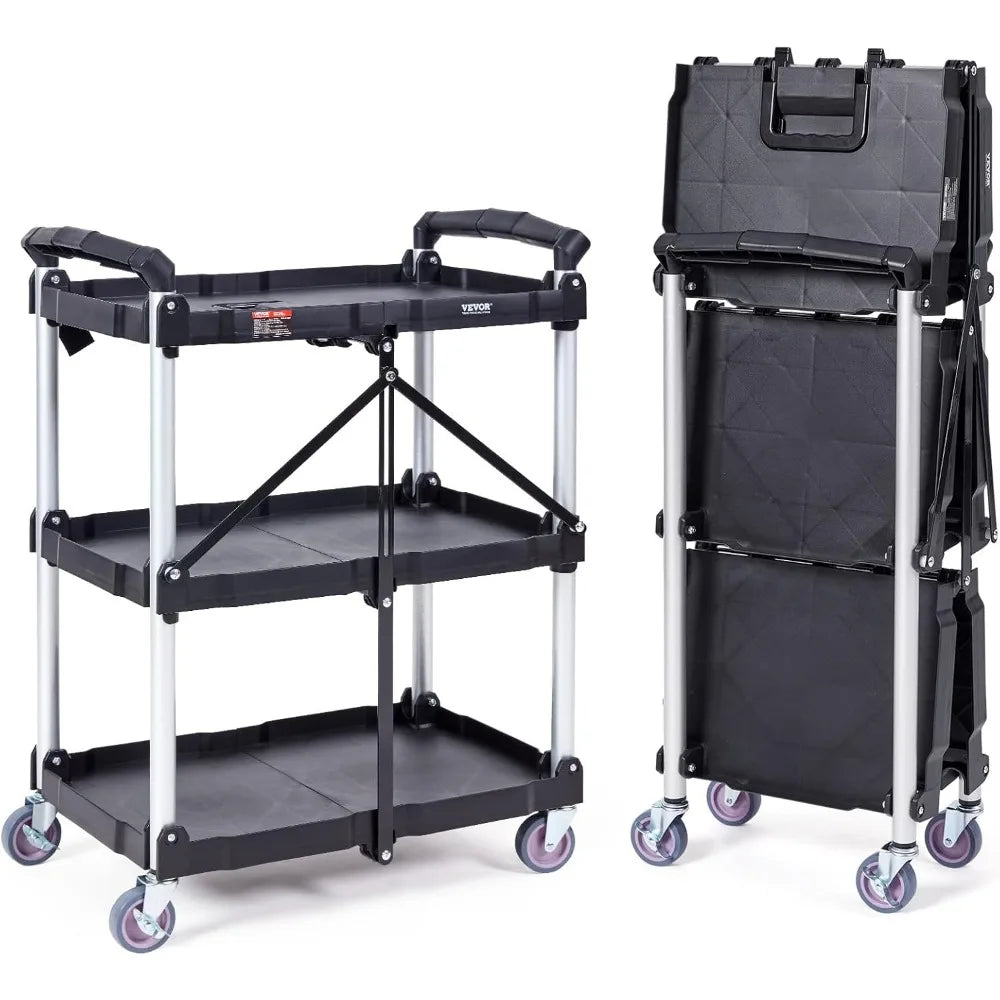 Foldable Heavy-Duty 3-Shelf Rolling Cart With Locking Wheels 165LBS