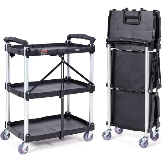 Foldable Heavy-Duty 3-Shelf Rolling Cart With Locking Wheels 165LBS