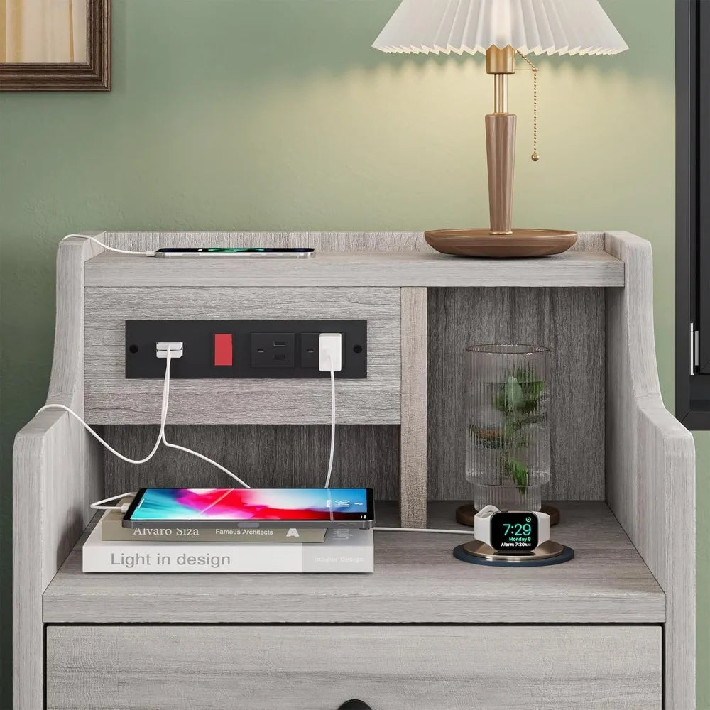 Nightstand Set 2 With Charging Station And Hutch Drawers