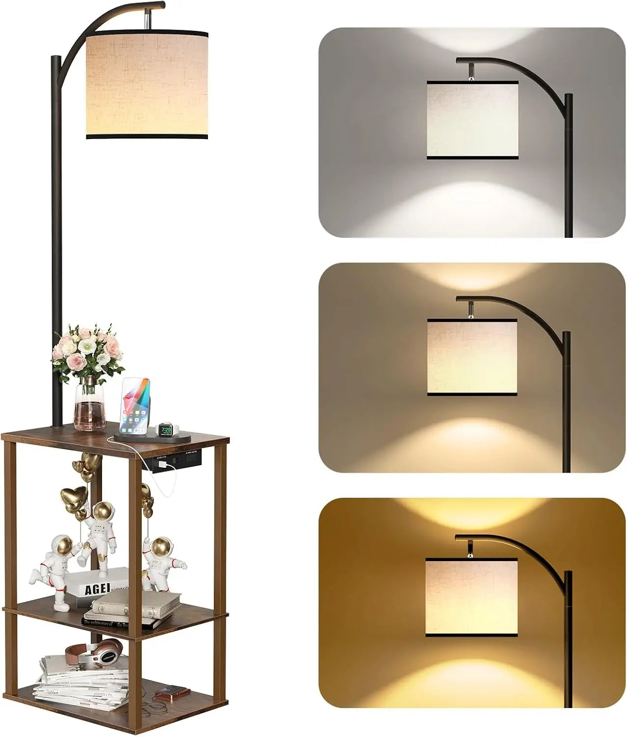 Floor Lamp With Side Table USB Ports And Adjustable Head
