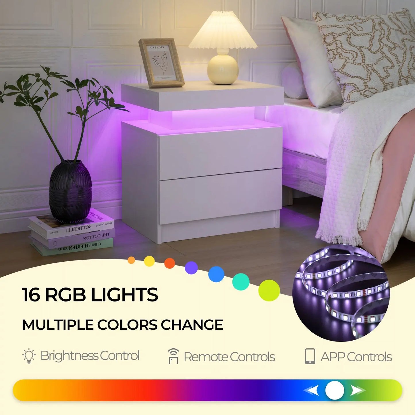Cubehom LED Nightstands With RGB Lights And Two Drawers