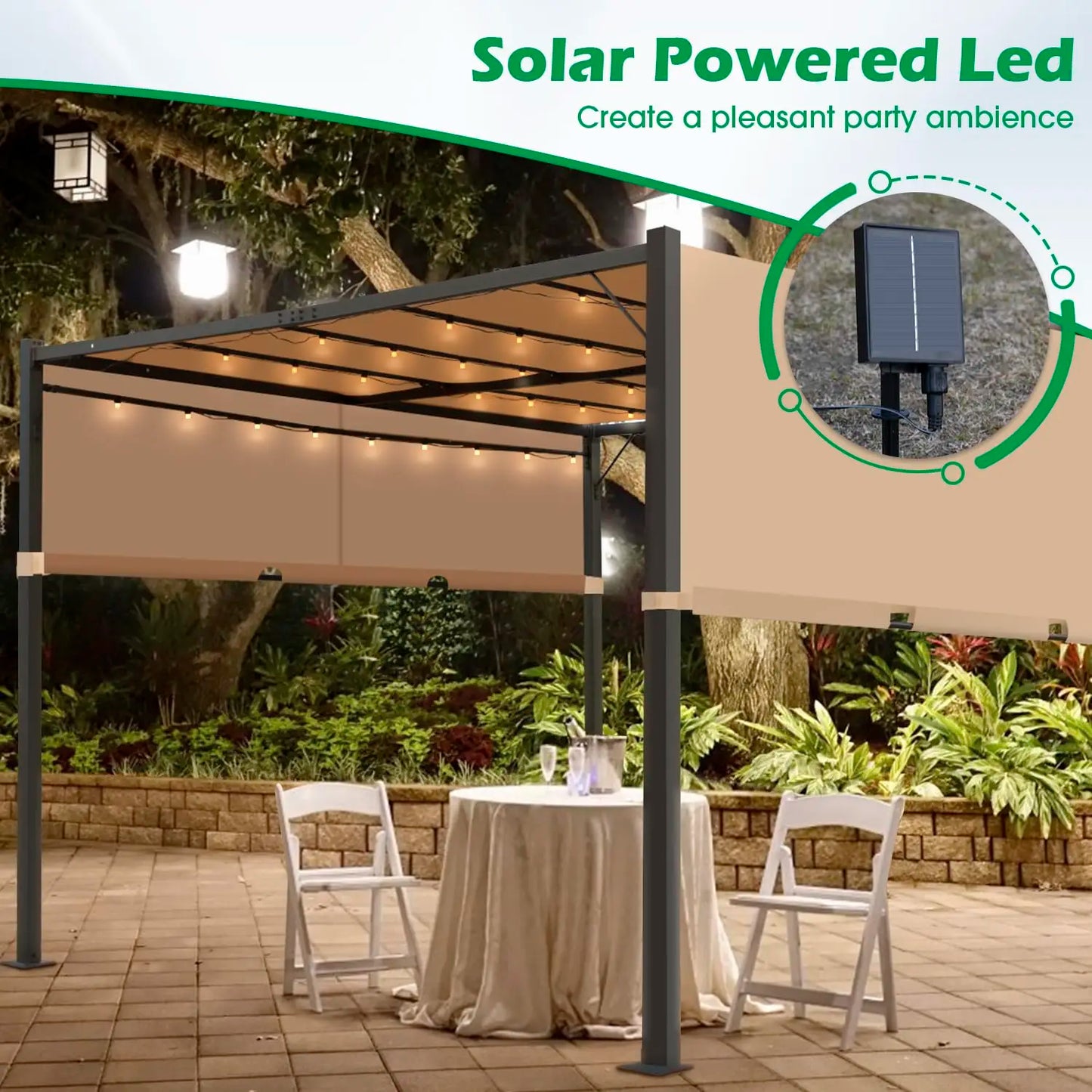 Outdoor Aluminum Pergola With Retractable Sun Shade And Solar LEDs