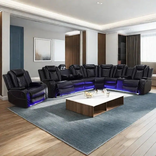 Air Leather Power Recliner Corner Sectional With LED Light
