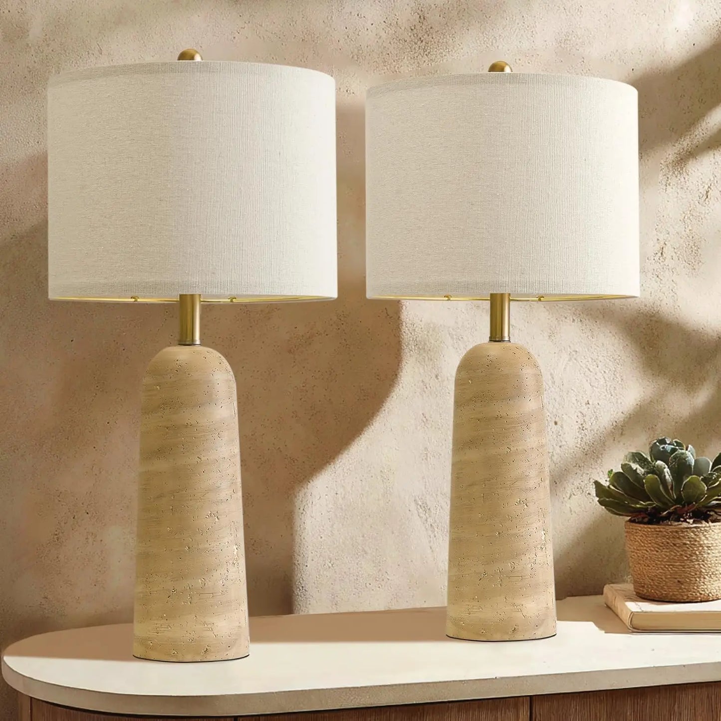 Modern Table Lamp Set Of 2 With Travertine Look Shade