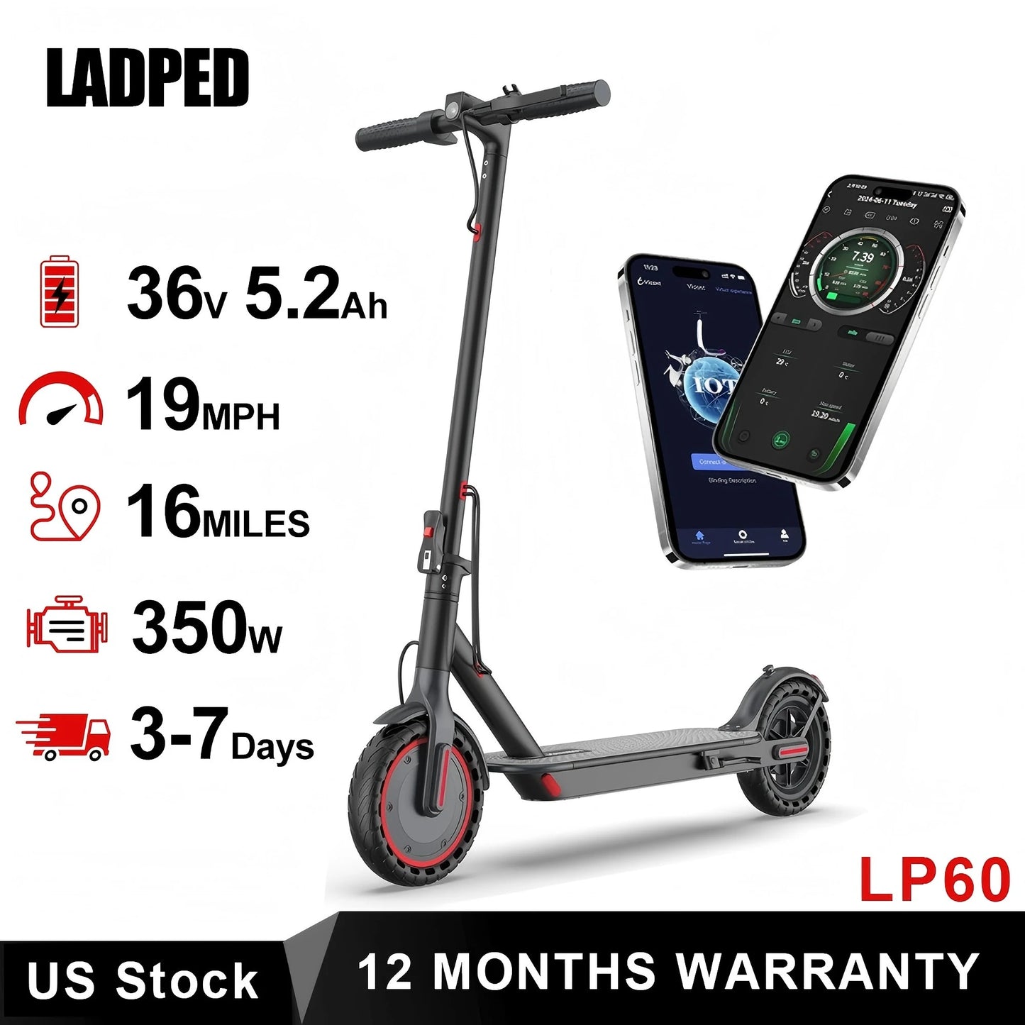 Ladped LP60 Electric Scooter 350W 19MPH Foldable 16 Mile Range
