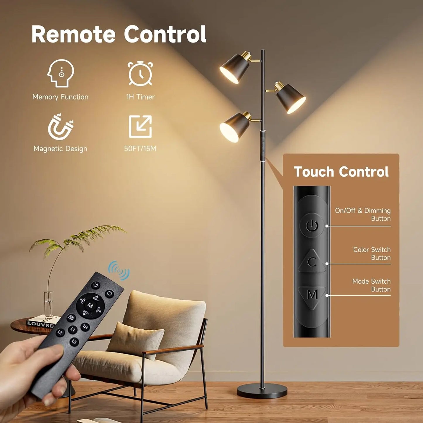 Modern LED Tree Floor Lamp With Remote Touch Control Dimmable