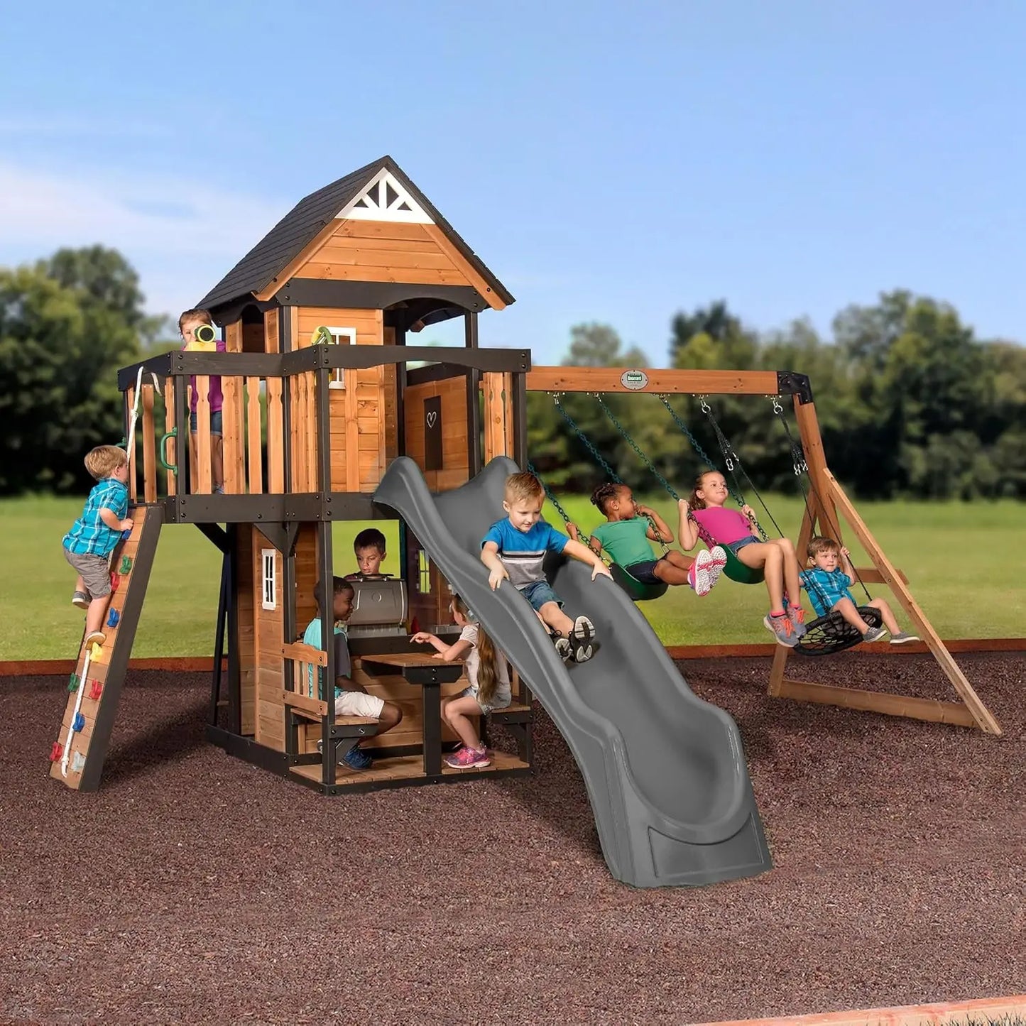 Cedar Wood Outdoor Swing Set With Wave Slide And Play Kitchen