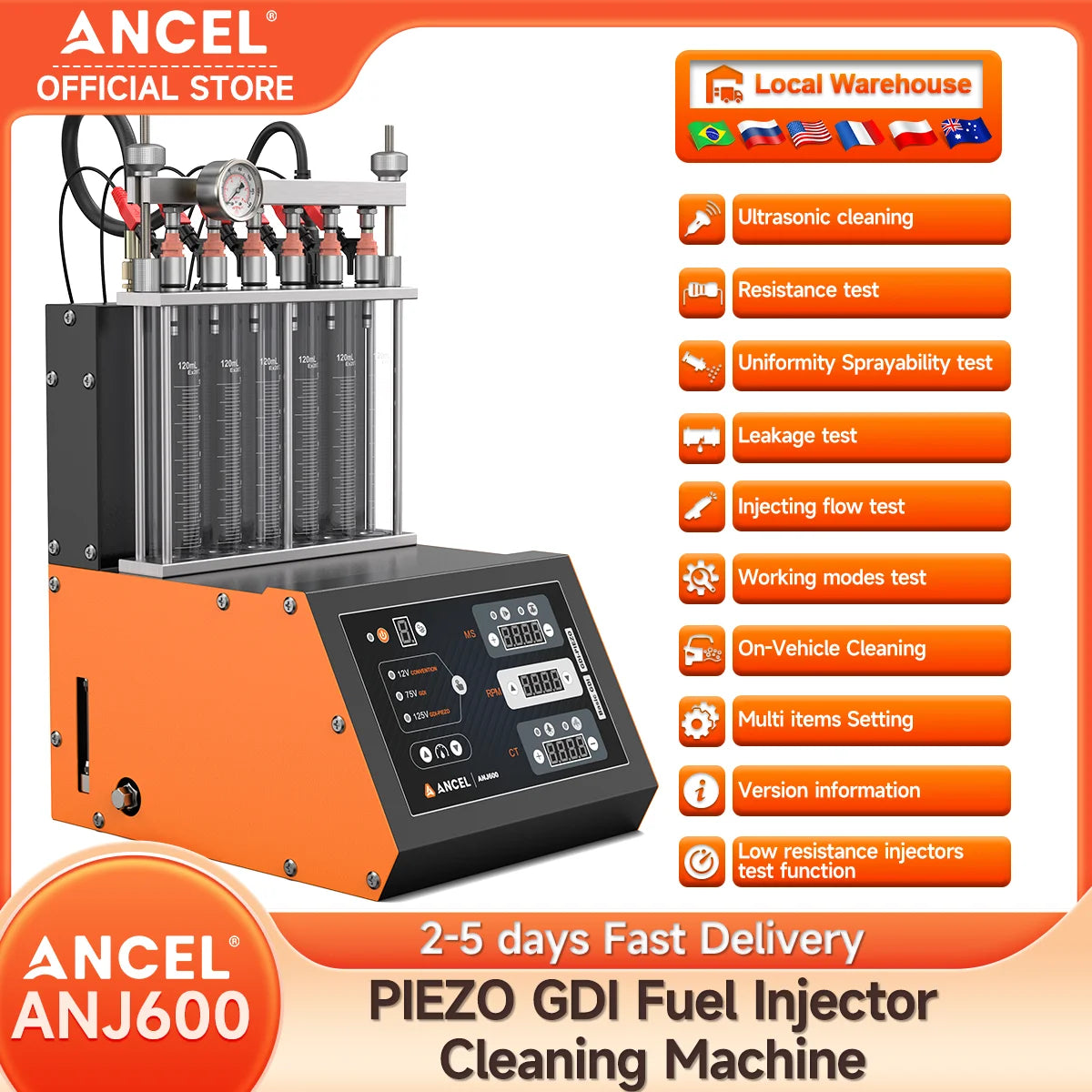 ANCEL ANJ600 PIEZO GDI Car Fuel Injector Tester Cleaner Machine Ultrasonic Cleaning EFI FEI Fuel Injectors 6-Cylinders 110V 220V