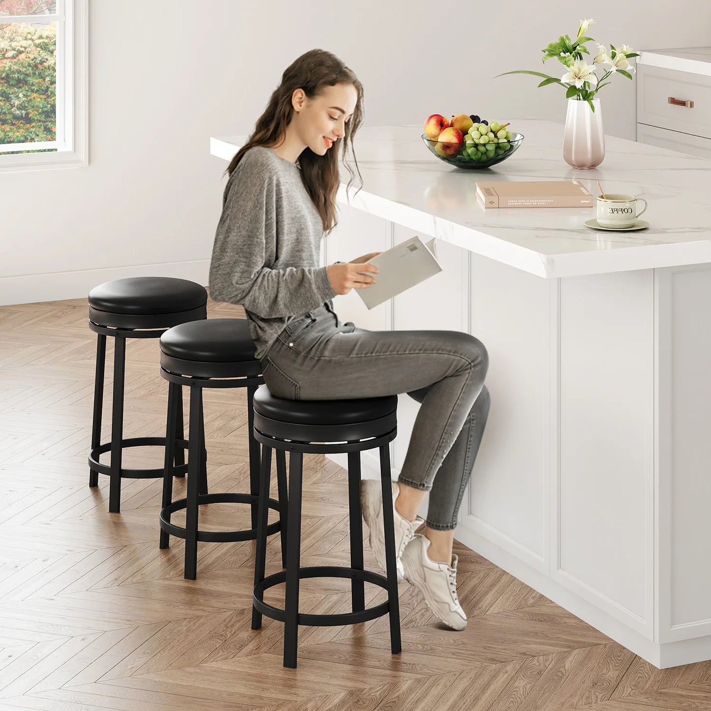 TWISTER.CK Backless Swivel Bar Stools, PU Leather, Metal Frame