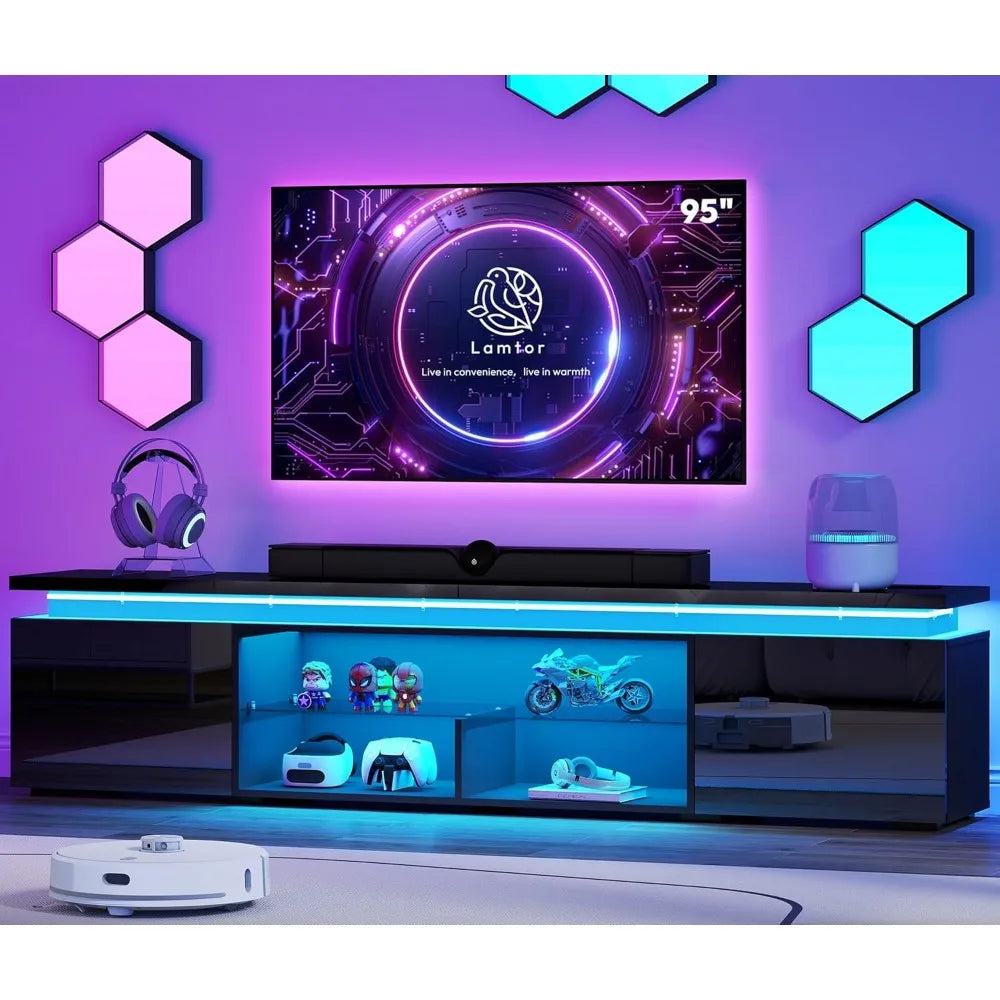 TV Stand Entertainment Center With LED Lighting And Storage