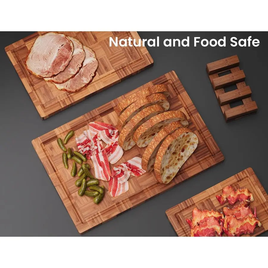 End Grain Bamboo Cutting Board Set With Juice Groove Holder