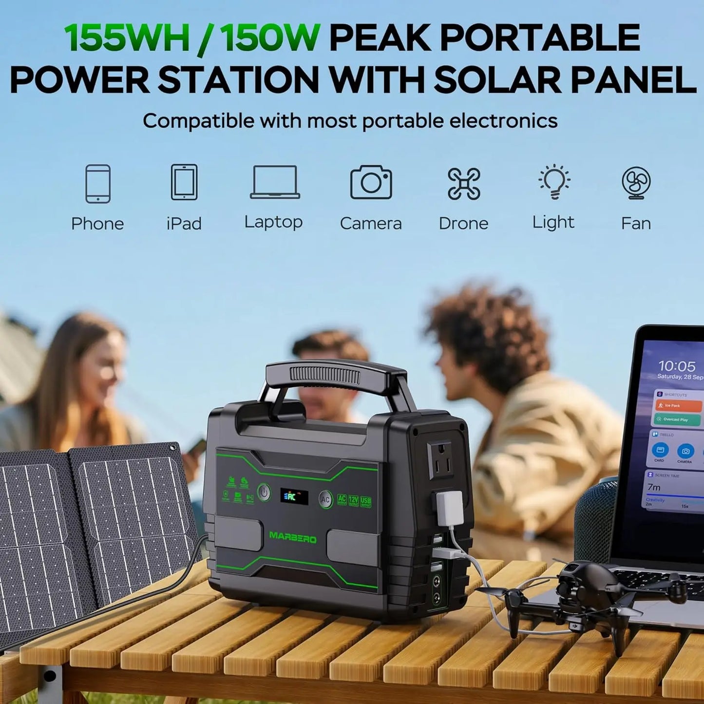155Wh Solar Generator With 2 AC Outlets Portable Power Station