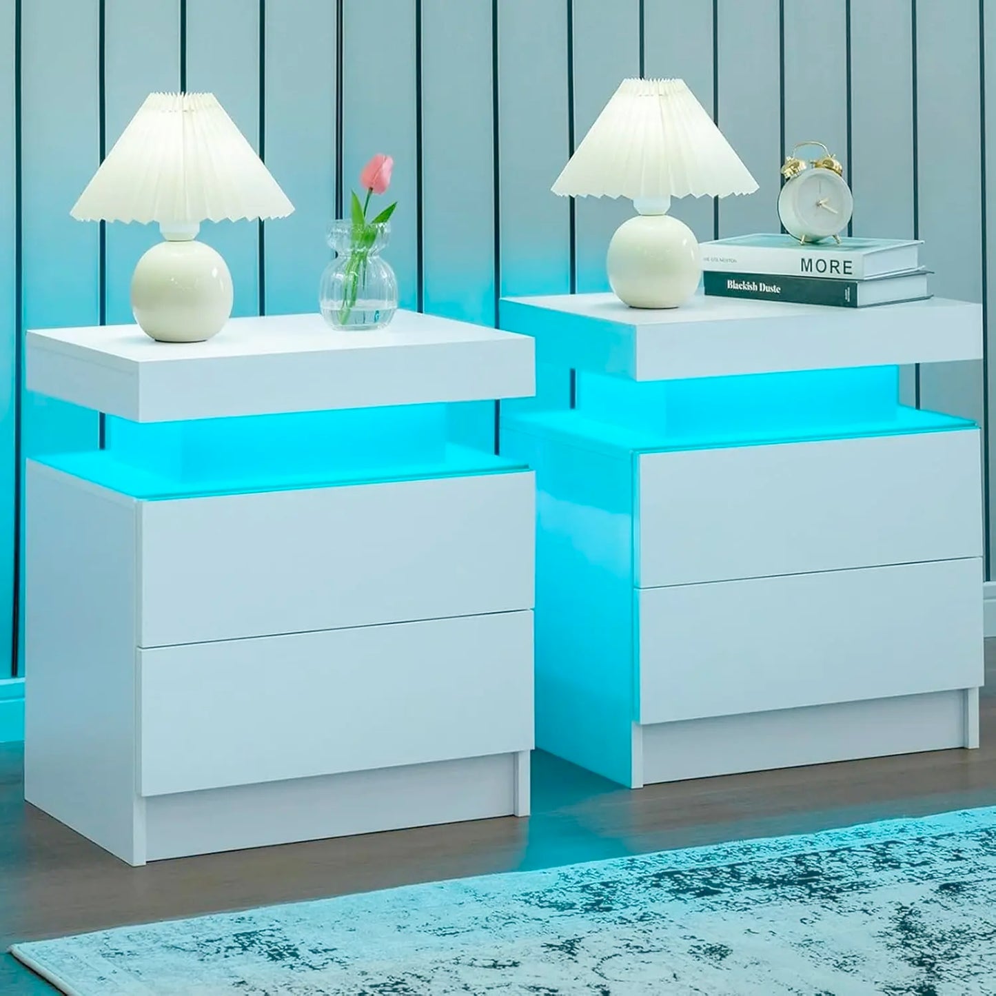 Modern Wood Two Nightstands Set With LED Lighting And Drawers