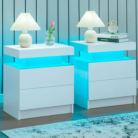 Modern Wood Two Nightstands Set With LED Lighting And Drawers