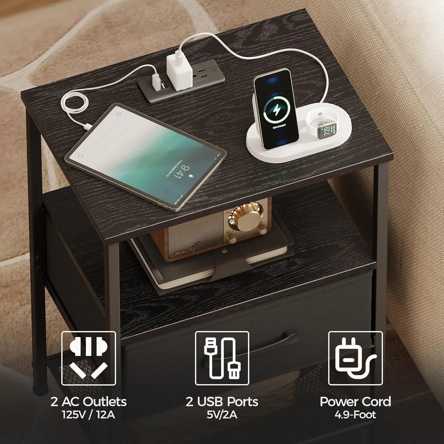 Two-Piece Night Stand Set With Charging Station And LED Lights