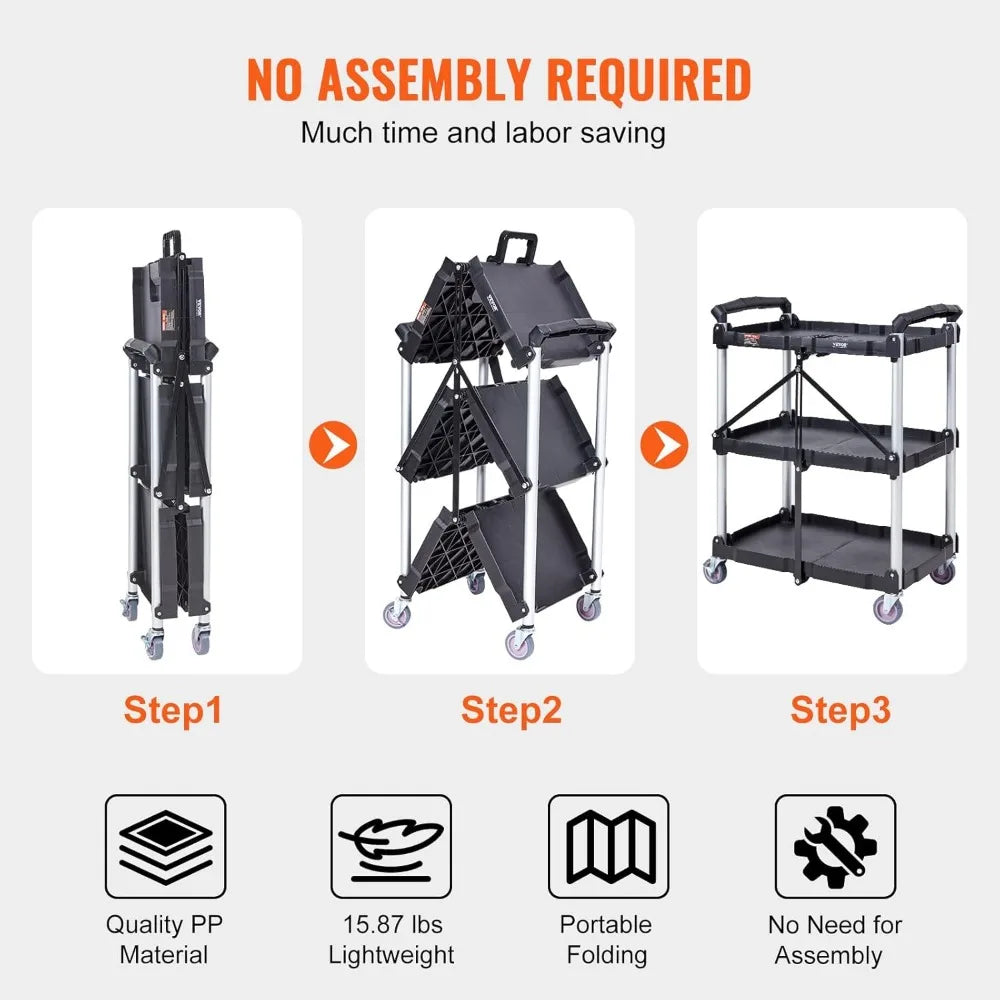 Foldable Heavy-Duty 3-Shelf Rolling Cart With Locking Wheels 165LBS