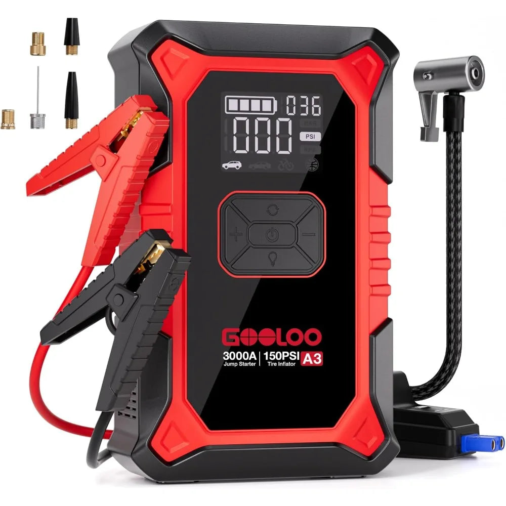 GOOLOO A3 Jump Starter with Air Compressor, 3000A Portable Car Battery Booster (9.0 Gas/6.5L Diesel) with 150PSI Auto-Shutoff Ti