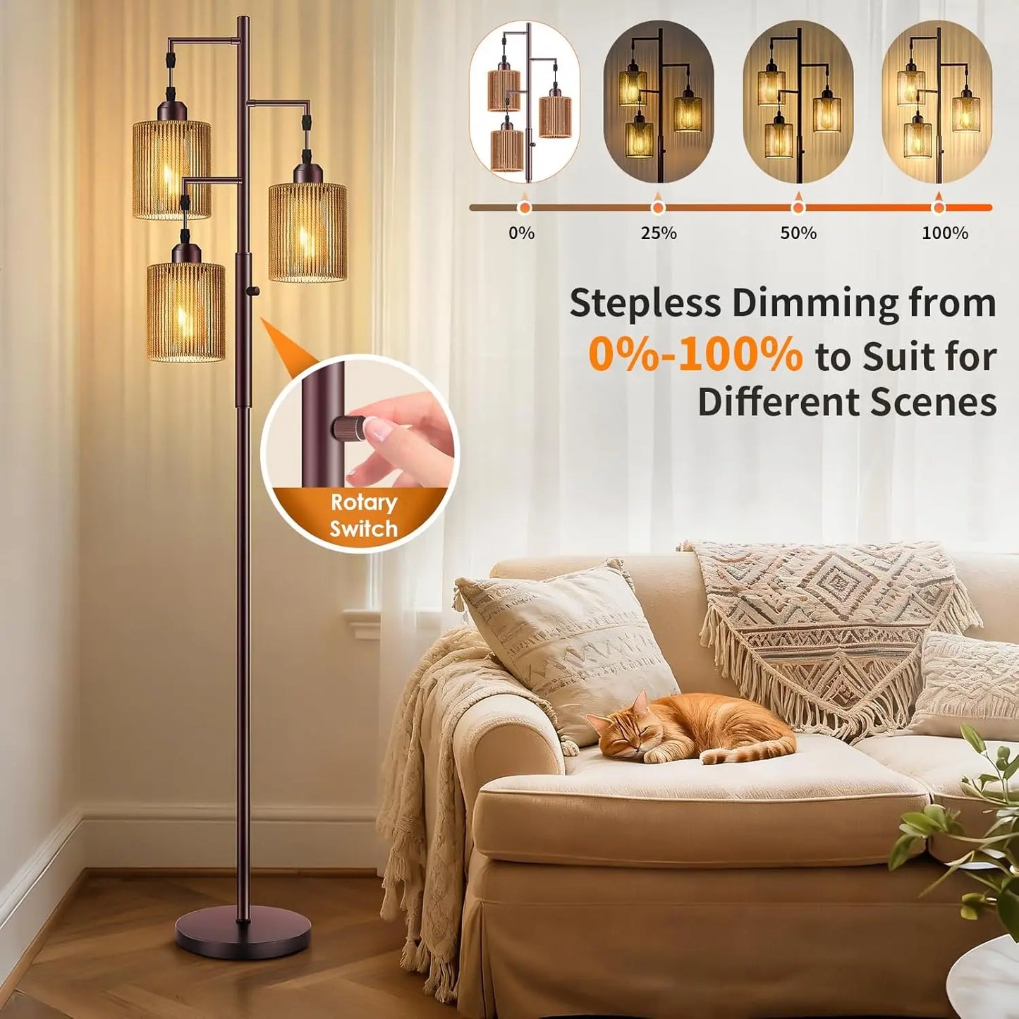 Rattan Boho Floor Lamp With Dimmable Shades Bulbs Included