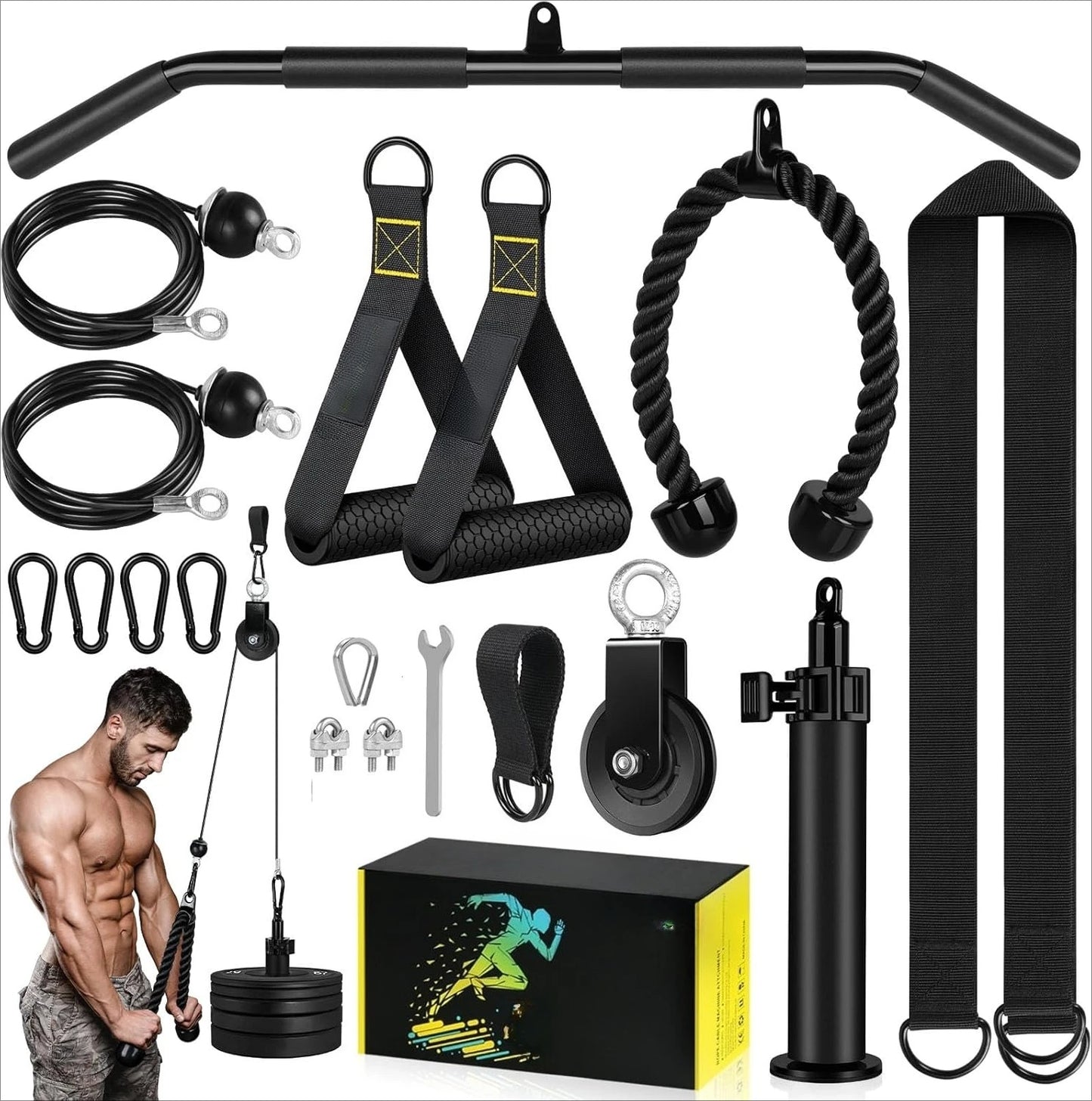 Pulley System, Weight Cable Pulley System for Home Gym,Cable Machine Attachment with 2 in 1 LAT Pull Down Bar,Tricep Rope