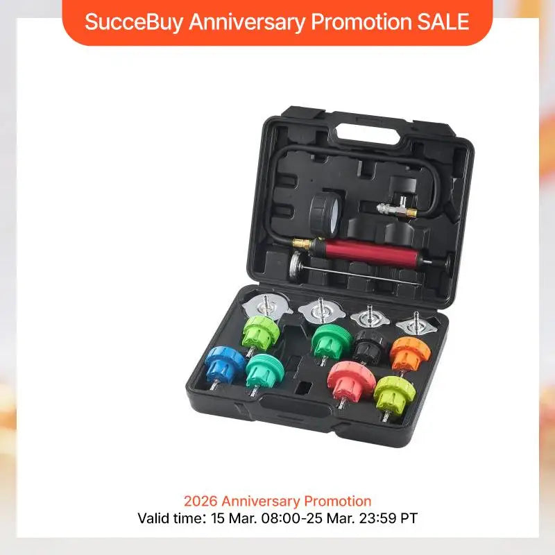 SucceBuy Universal Radiator Pressure Tester Kit Manual Pump Color-coded Steel Test Cap Adapters Toolbox For Car Motorcycle Truck
