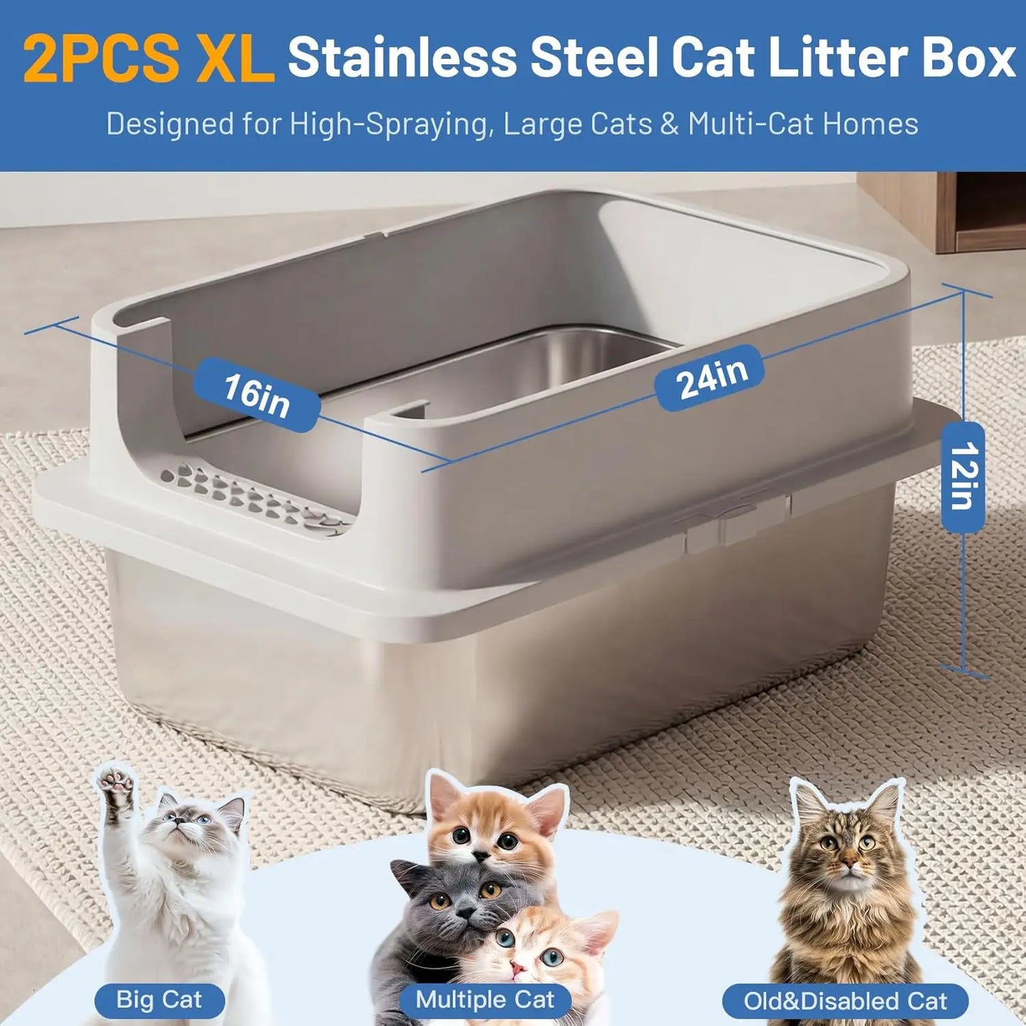 2-Pack Stainless Steel Cat Litter Box With Lid, Leak-Proof Odor-Resistant