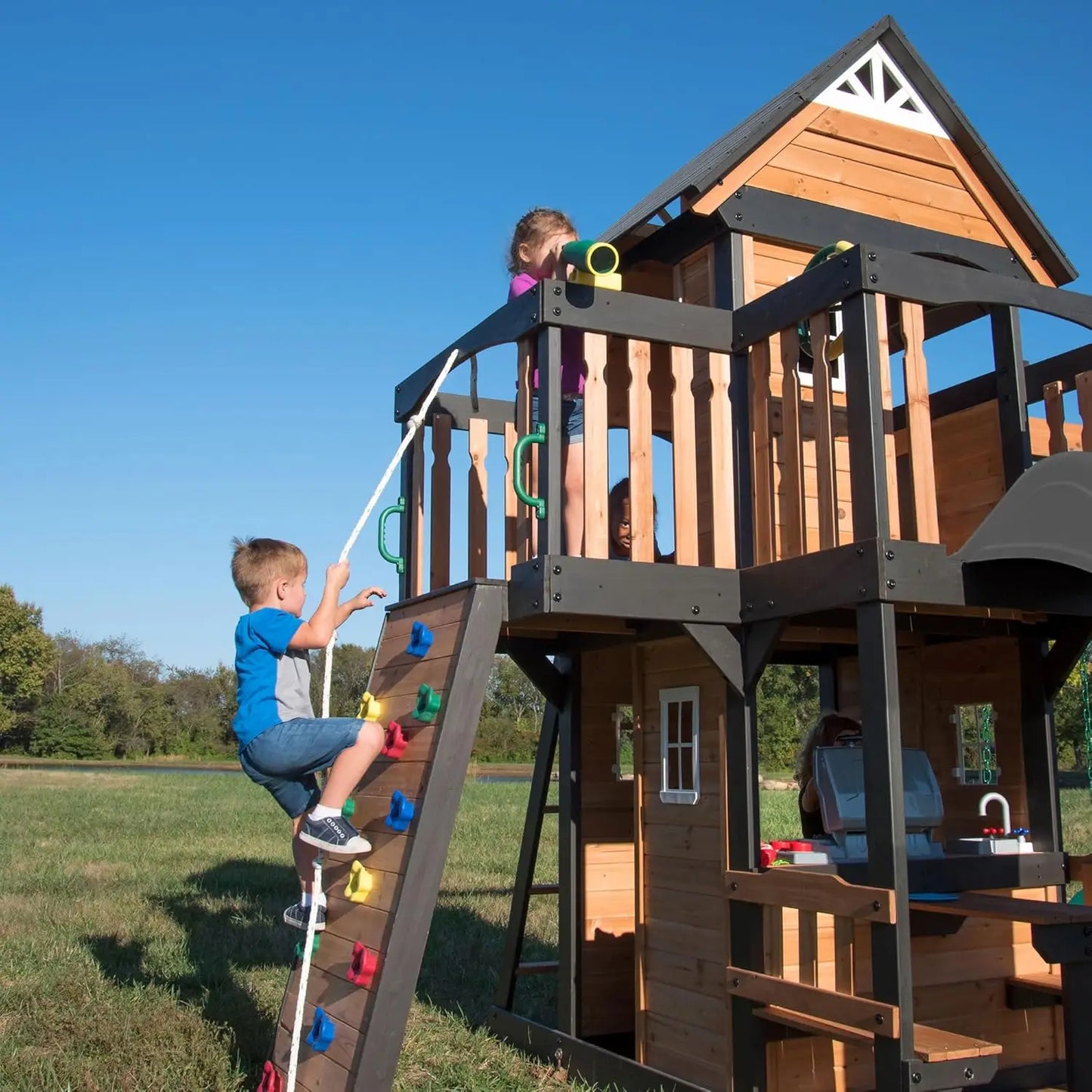 Cedar Wood Outdoor Swing Set With Wave Slide And Play Kitchen